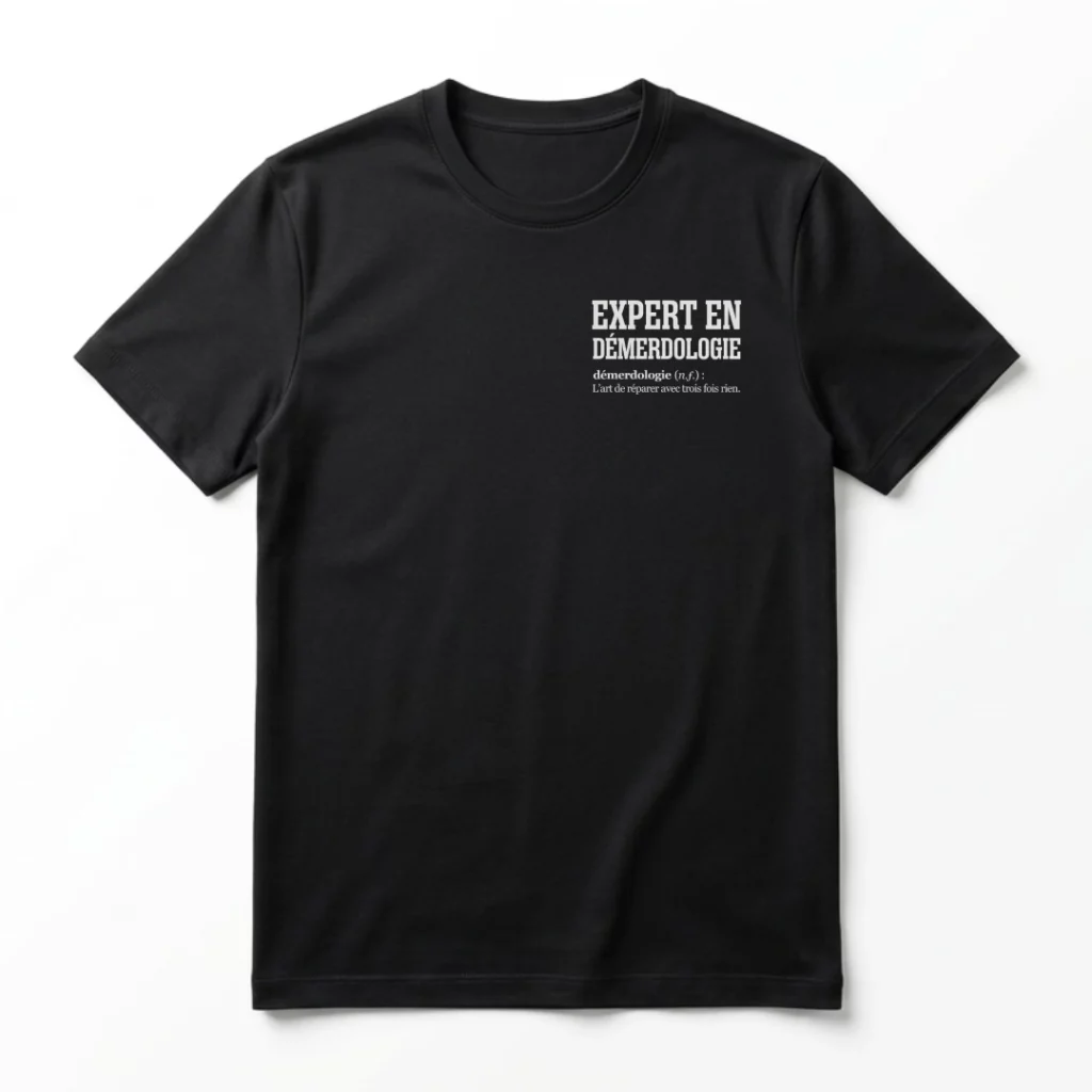 T-shirt noir en coton Expert en démerdologie avec définition humoristique imprimée sur le torse vêtement bricolage Fredo Brico