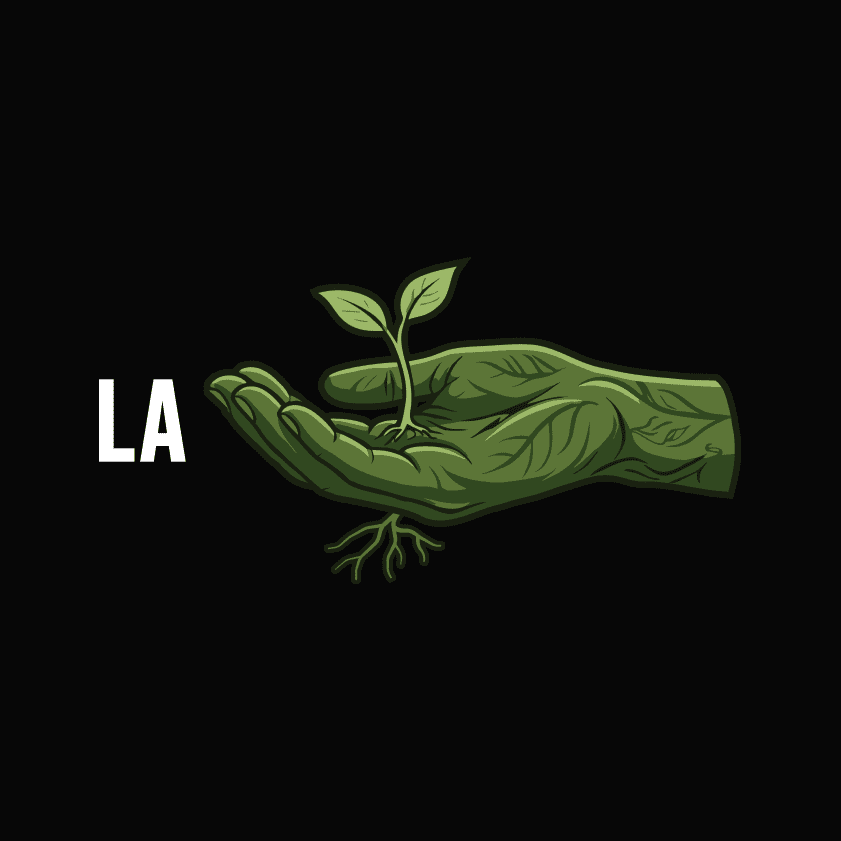 Illustration La Main Verte avec main verte stylisée tenant une jeune pousse de plante motif jardinage et potager Fredo Brico