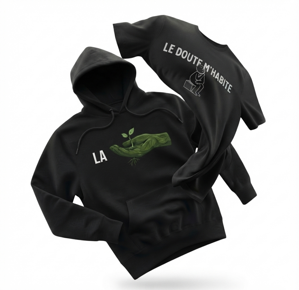Pack duo sweat à capuche noir La Main Verte et t-shirt Le doute m'habite vêtements jardinage et bricolage Fredo Brico