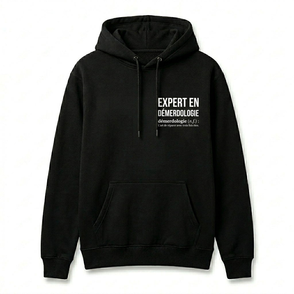 Sweat à capuche noir Expert en démerdologie avec définition humoristique côté cœur vêtement atelier bricolage Fredo Brico