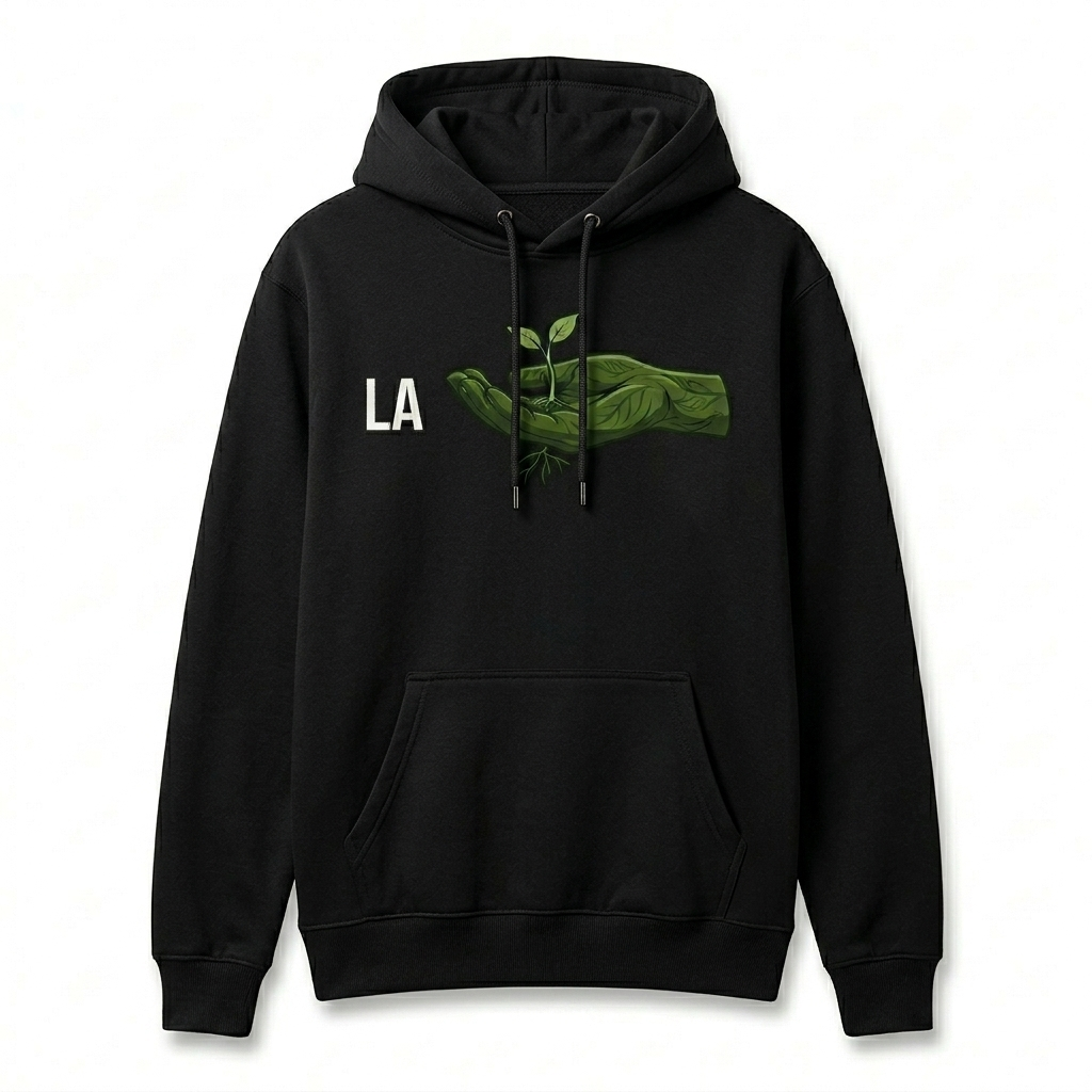 Sweat à capuche noir La Main Verte avec illustration d'une main tenant une pousse végétale vêtement jardinier et potager Fredo Brico