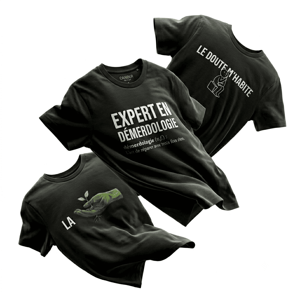 Gamme de t-shirts noirs Fredo Brico avec les visuels Expert en démerdologie Le doute m'habite et La Main Verte