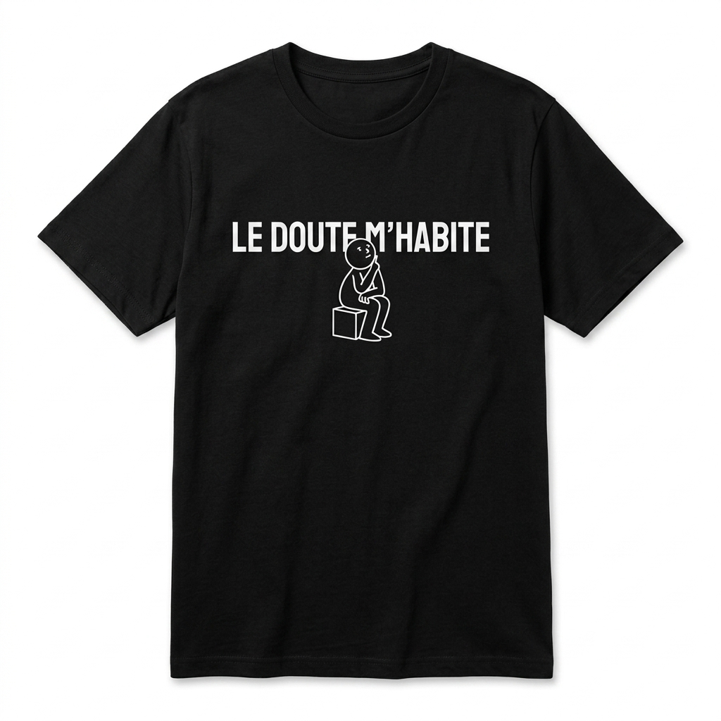 T-shirt noir en coton Le doute m'habite avec personnage pensif sur parpaing vêtement humour bricoleur Fredo Brico