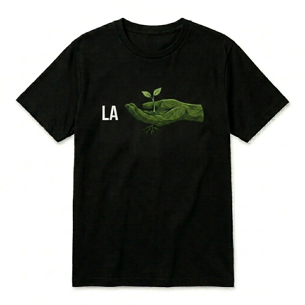 T-shirt noir en coton La Main Verte avec illustration d'une main tenant une pousse végétale vêtement jardinier et potager Fredo Brico