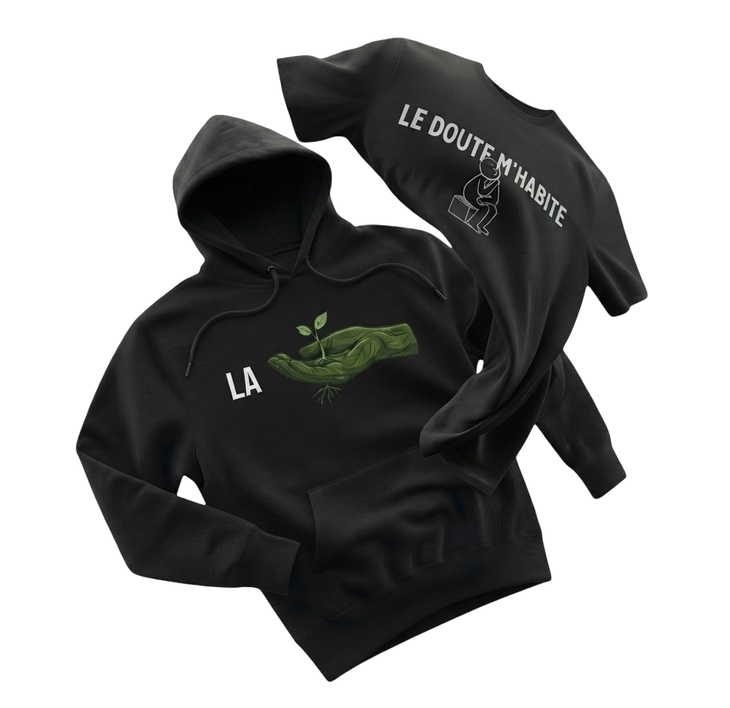 Pack duo sweat à capuche La Main Verte et t-shirt Le doute m'habite vêtements noirs Fredo Brico